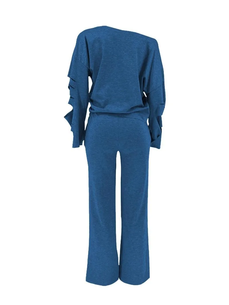 Women's Ripped Asymmetrical Neck Pullover & Wide Leg Pants Set
