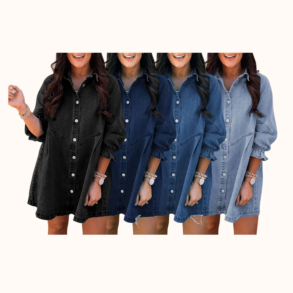 Washed Denim Puff Sleeve Mini Dress – Short-Length Collared Button Down with Ruffle Hem & Matte Silver Buttons