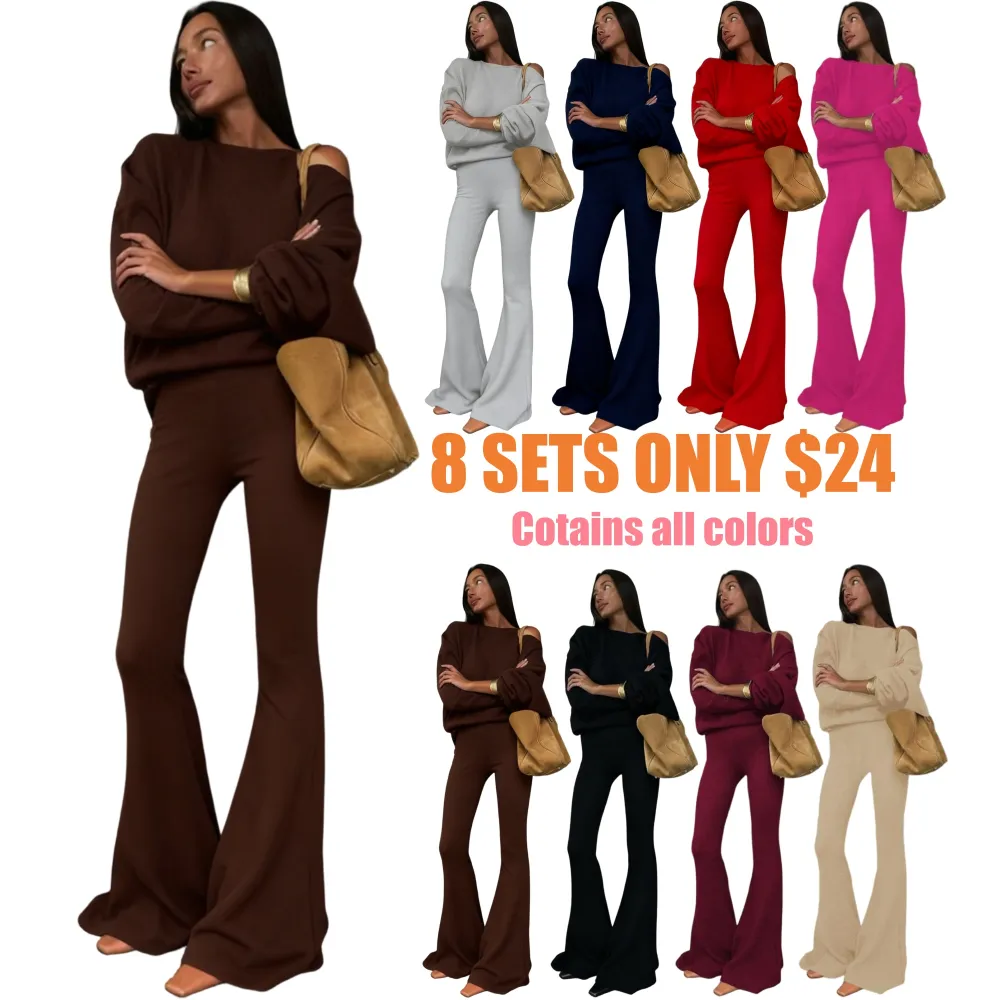 Women's Solid Asymmetrical Neck Top & Flare Leg Pants Set
