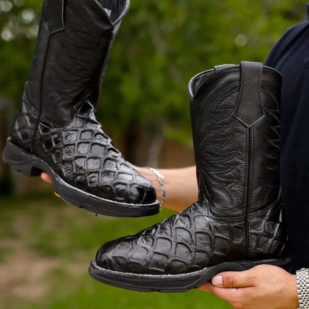 Black Pirarucu Leather Boots With 3D Lightweight BLACK EDITION Sole - Composite Toe