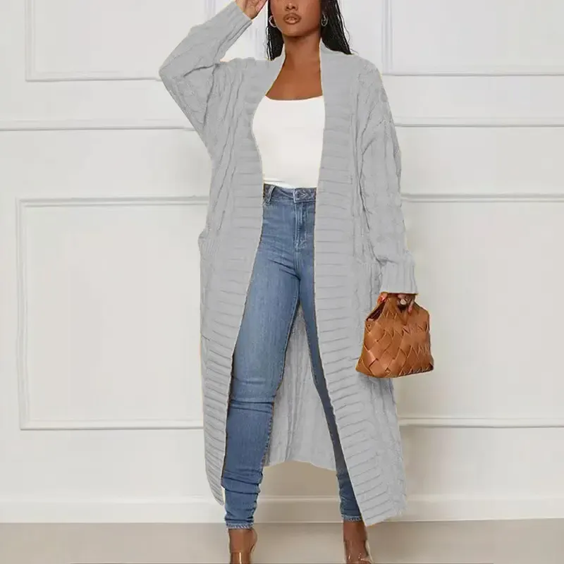 Women's Solid Color Textured Drop Shoulder Pocket Longline Cardigan