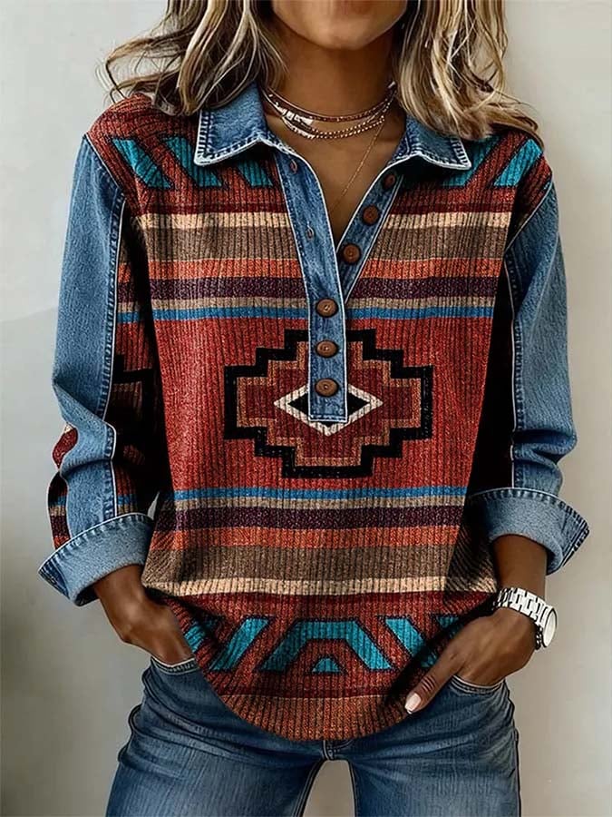 Women'S Casual Color-Block Printed Patchwork Pullover Sweatshirt