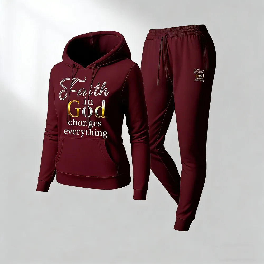 Women'S God Letter Print Hoodie And Drawstring Track Pants Set