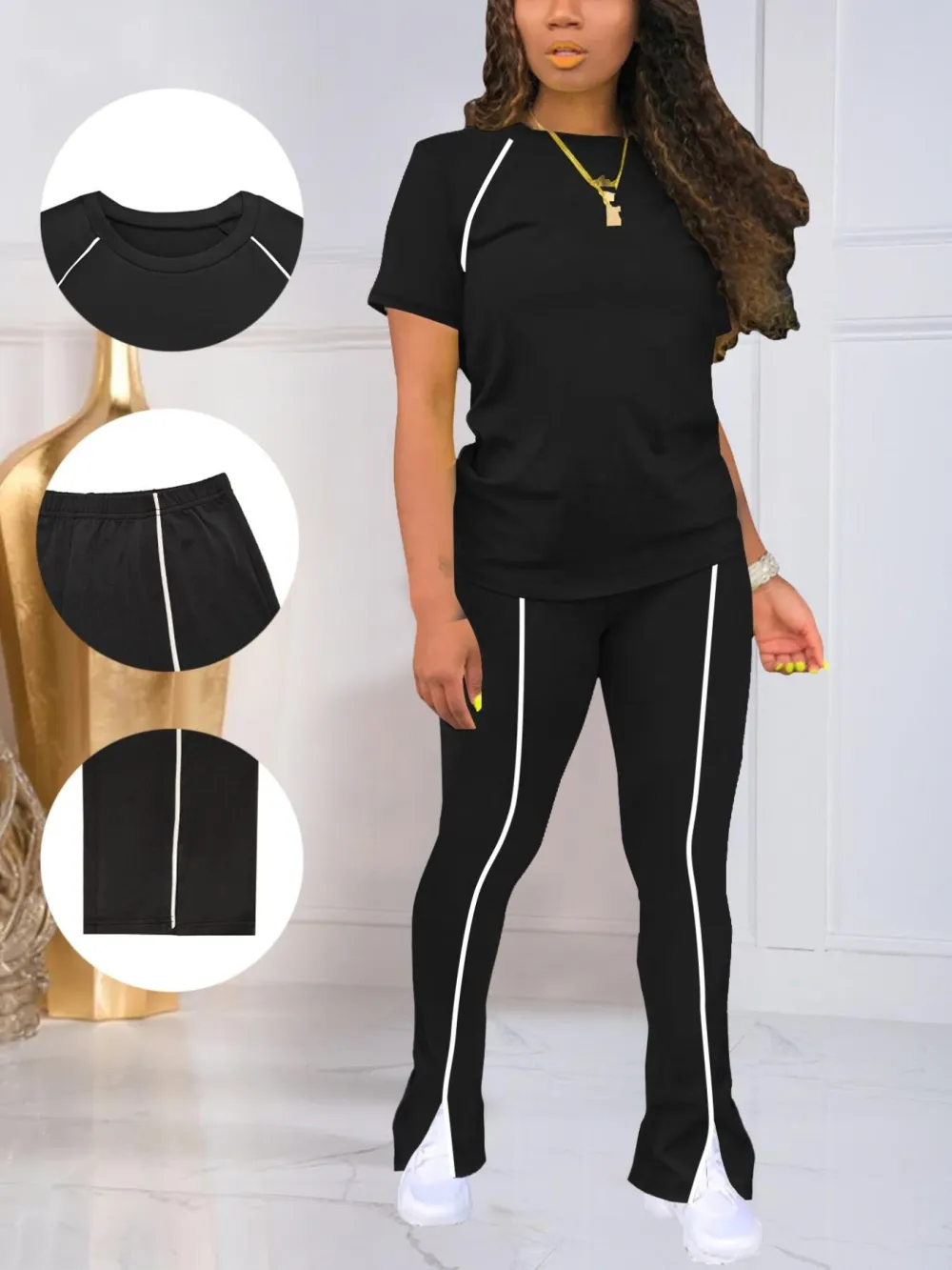 Women's Summer Round Neck Short Sleeve Fitted Pants Set Outfit, Classic Solid Color Casual Wear Lightweight Clothes