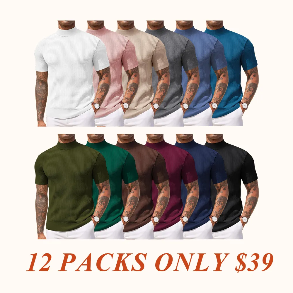 Men's Mock Turtleneck Sweater Short Sleeve Casual Basic Tops Ribbed Knit Pullover Solid Tee(100%Polyester)