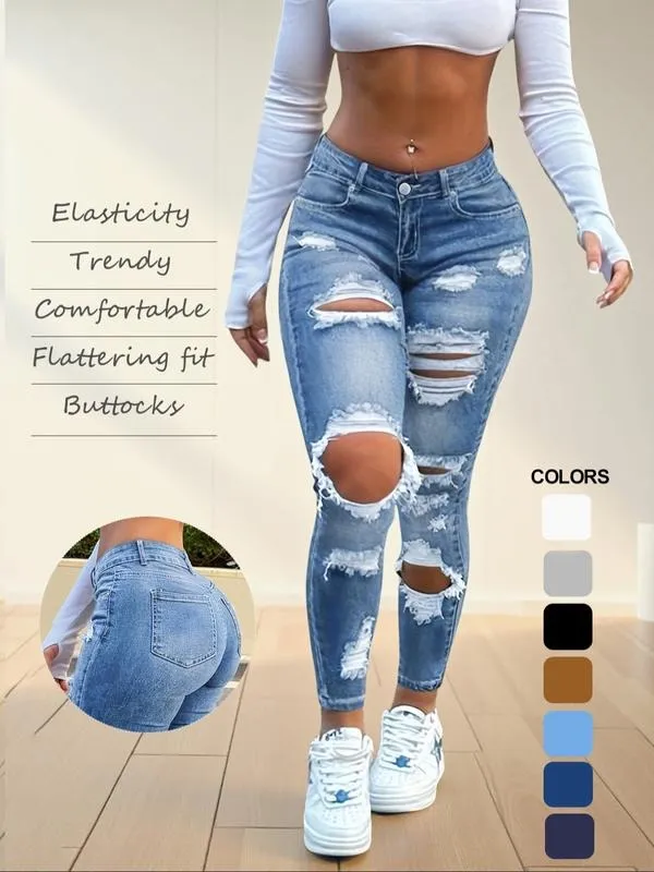 Women's High Waist Ripped Skinny Jeans with Butt Lifting Design, Elastic Denim for Valentine's Day Fashion