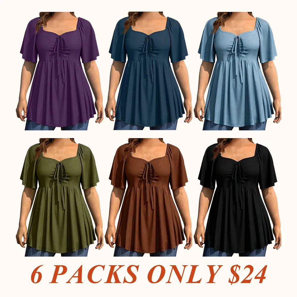 Plus Size Solid Color Rhinestone Collar Tie Front Short Sleeve Simple Casual T-Shirt