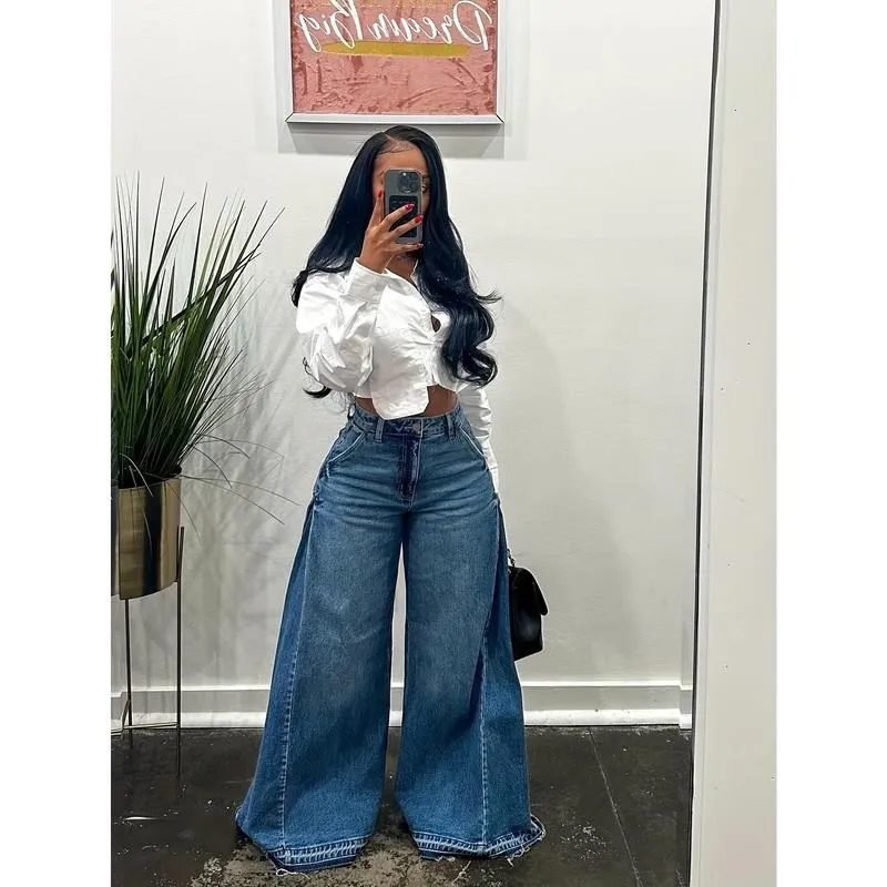 Women Flared Wide Side Loose Jeans High Waist