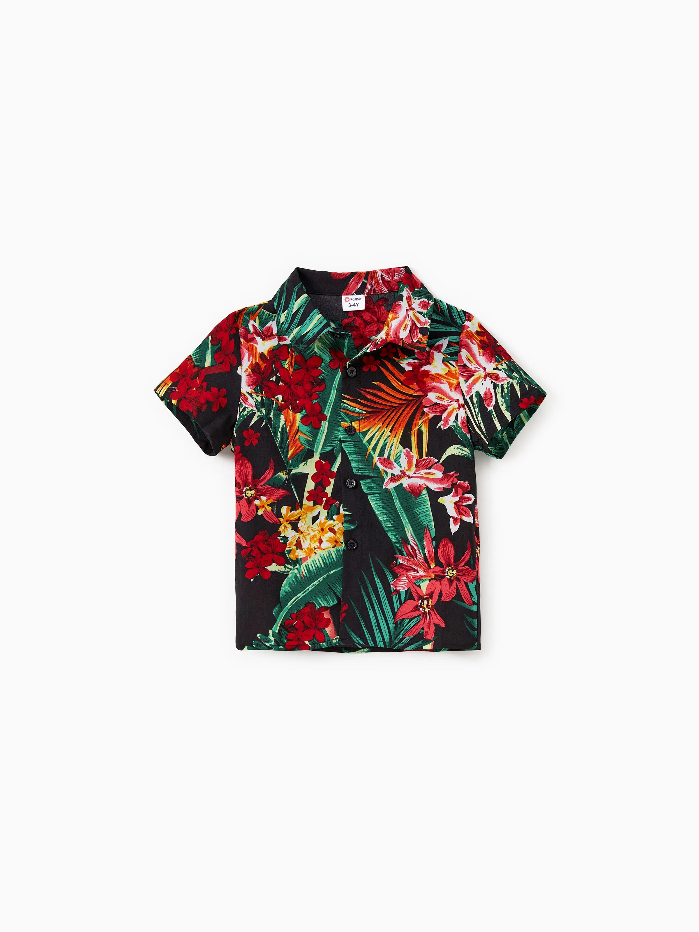 Family Matching Allover Plant Floral Print Halterneck Dresses and Short-sleeve Shirts Sets Black