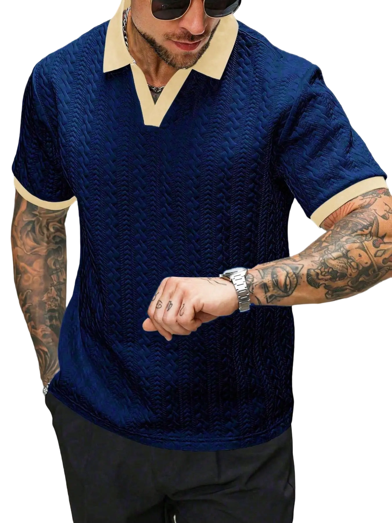 Men's Retro Colorblock Polo Shirt, Textured V Neck Short Sleeve Top, Casual Street Style, Summer Fashion, Fitted Leisurewear