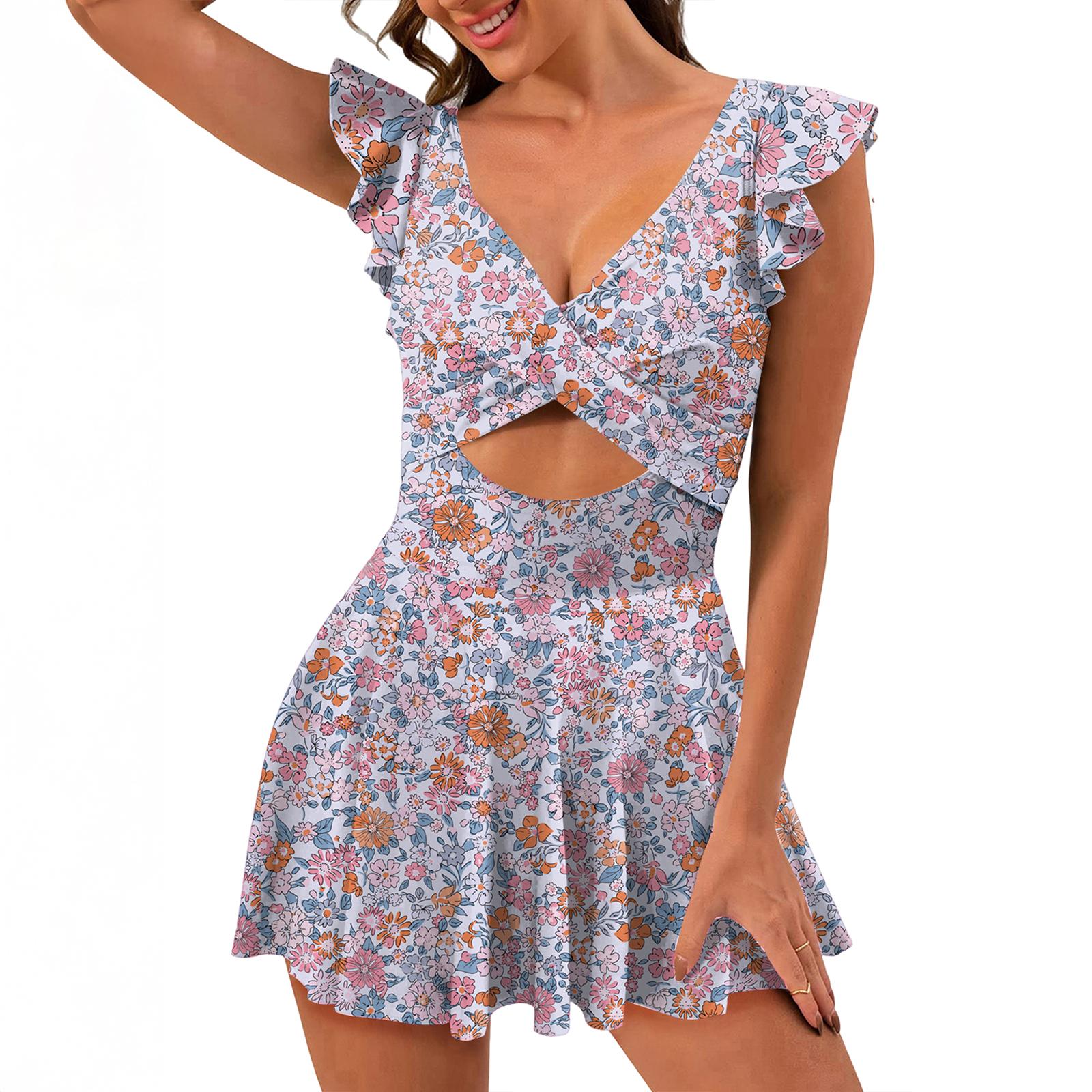 Women's One Piece Swimsuit Ruffle Cutout Swimdress Tummy Control V Neck Wrap Swimwear Swimming Sport Clothing Beach