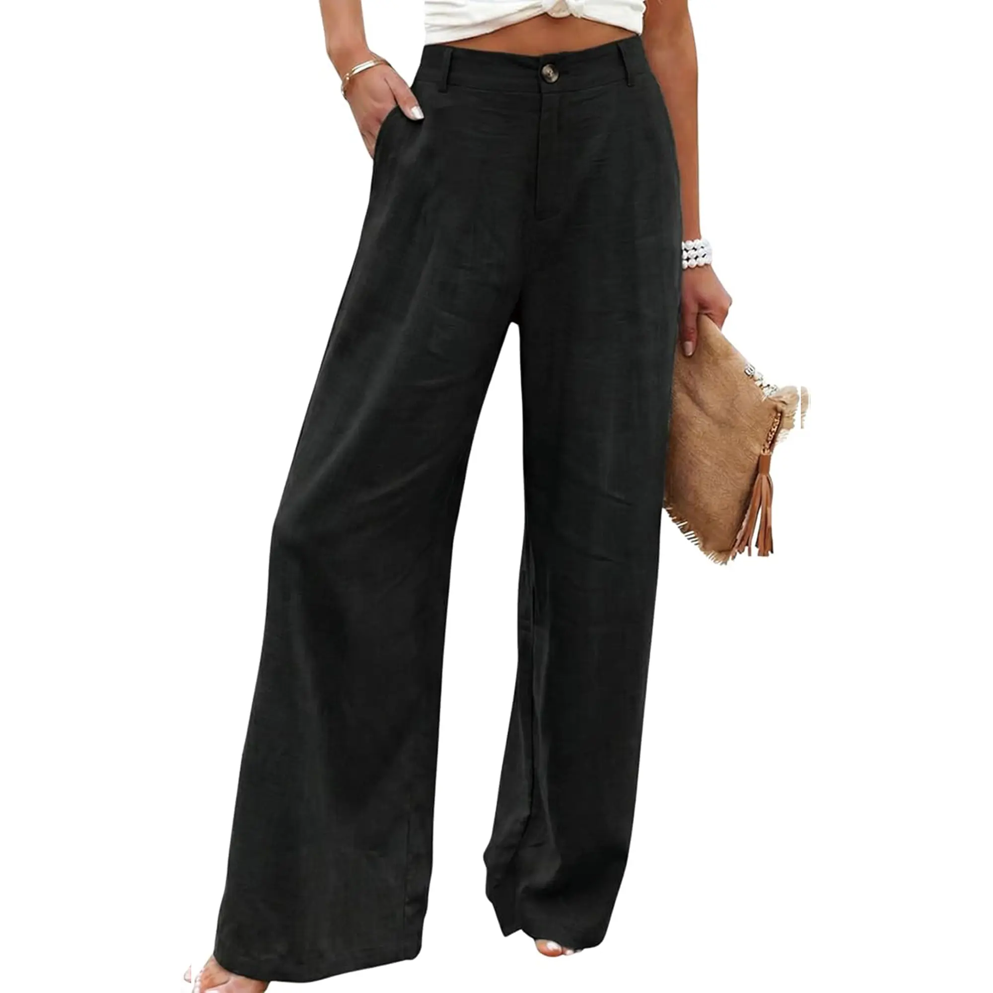Women's High Waisted Wide Leg Linen Pants Casual Button Up Cotton Trousers for Summer Loose Comfy Beach Pants