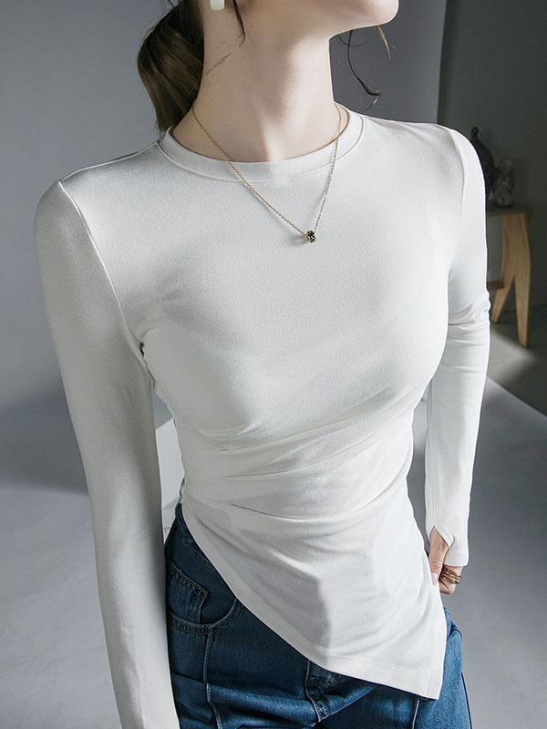Asymmetric Pleated Solid Color Long Sleeves Skinny Round-Neck T-Shirts Tops