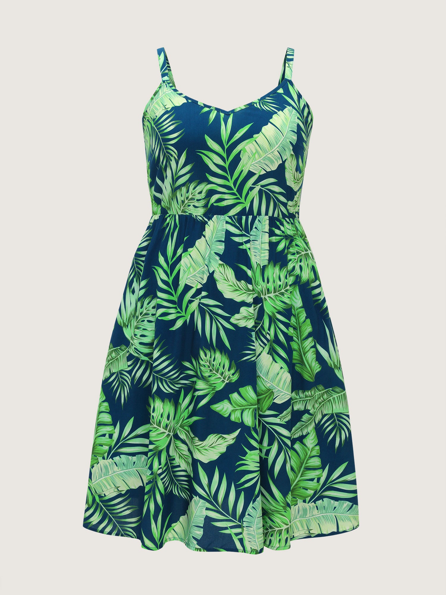 Tropical Plant Print V-Neck Midi Dress