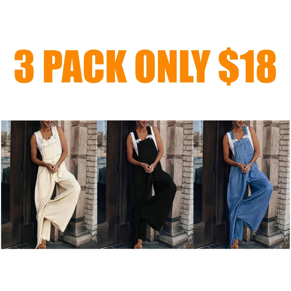 Women's Denim-Effect Print Plicated Wide Leg Overalls Jumpsuit