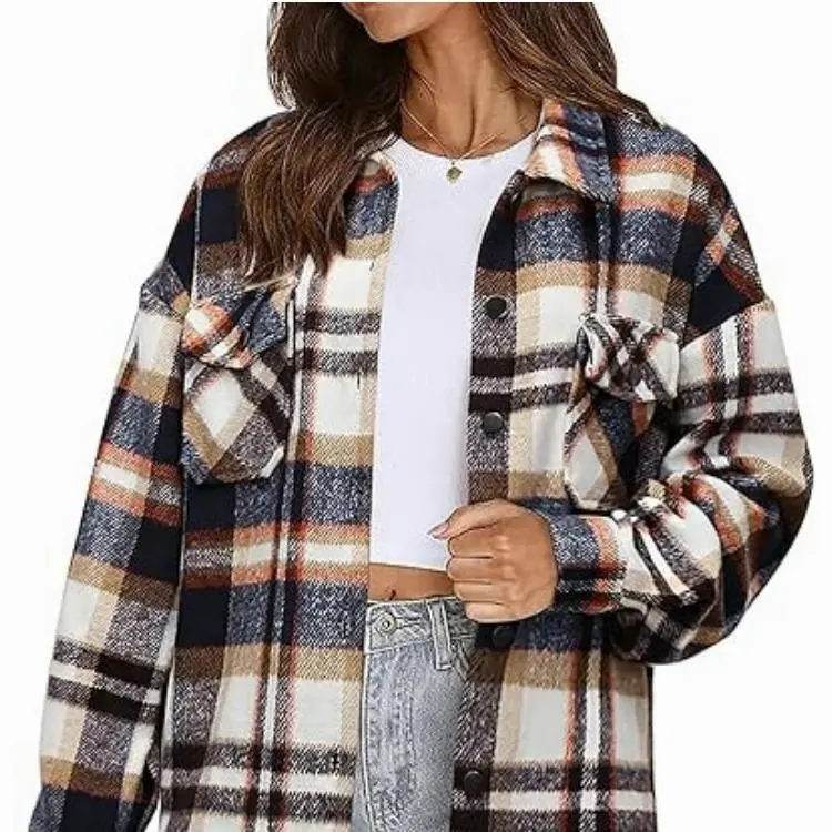 Womens Plus Size Shacket Jacket Flannel Plaid Long Sleeve