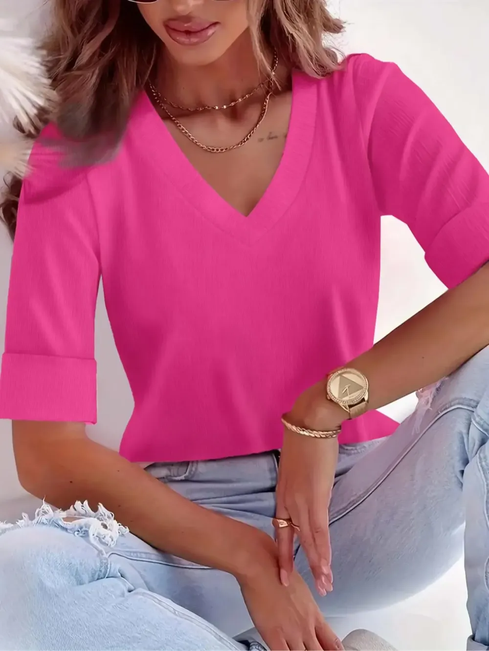 Plus Size Solid V Neck Roll Up Sleeve Tee, Casual Fitted T-shirt , Women's Plus Clothing for Daily Wear