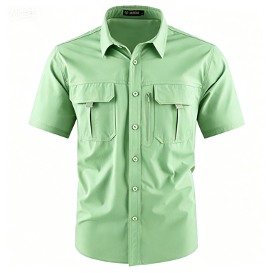 Men's American-Style Solid Color Shirt with Hidden Ventilation Holes Casual Summer Beach Nylon Shirt High-Quality Fabric Short Sleeves Button Closures