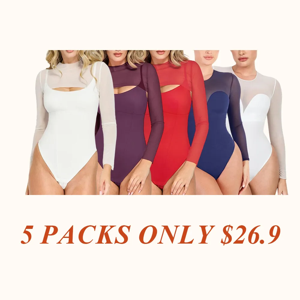 Deep V-Neck Long Sleeve Bodysuit Breathable Fabric Sheer Lace Turtleneck with Built-in Bra