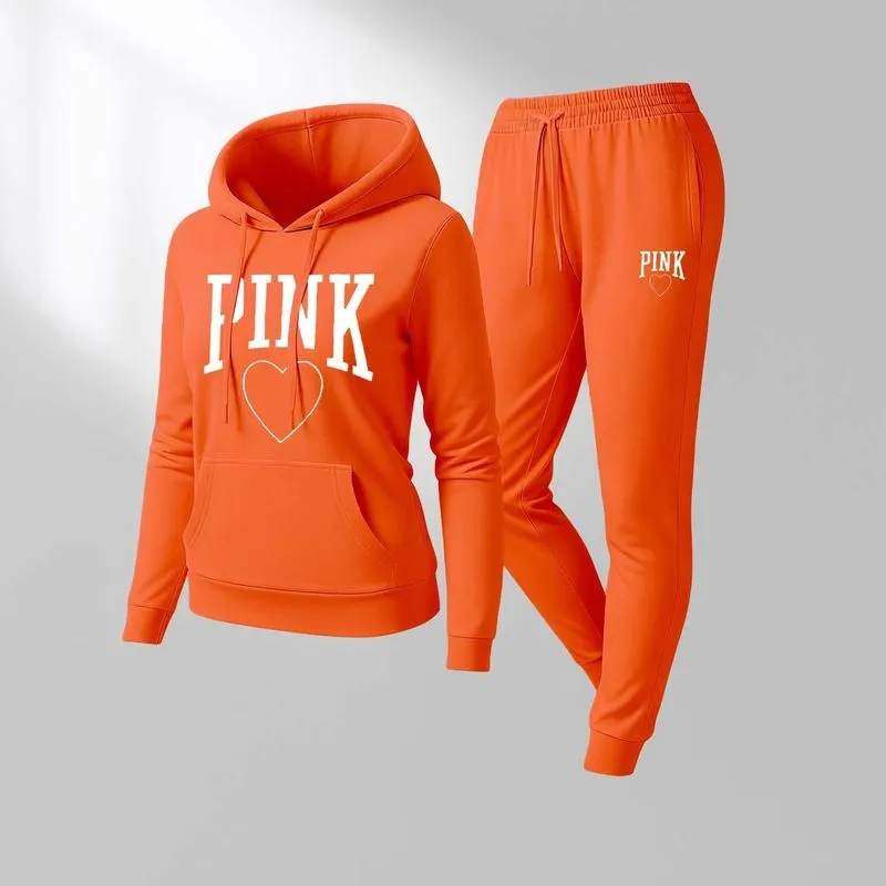Women's Pink Heart Print Hair And Sunglasses Hoodie And Drawstring Track Pants Set