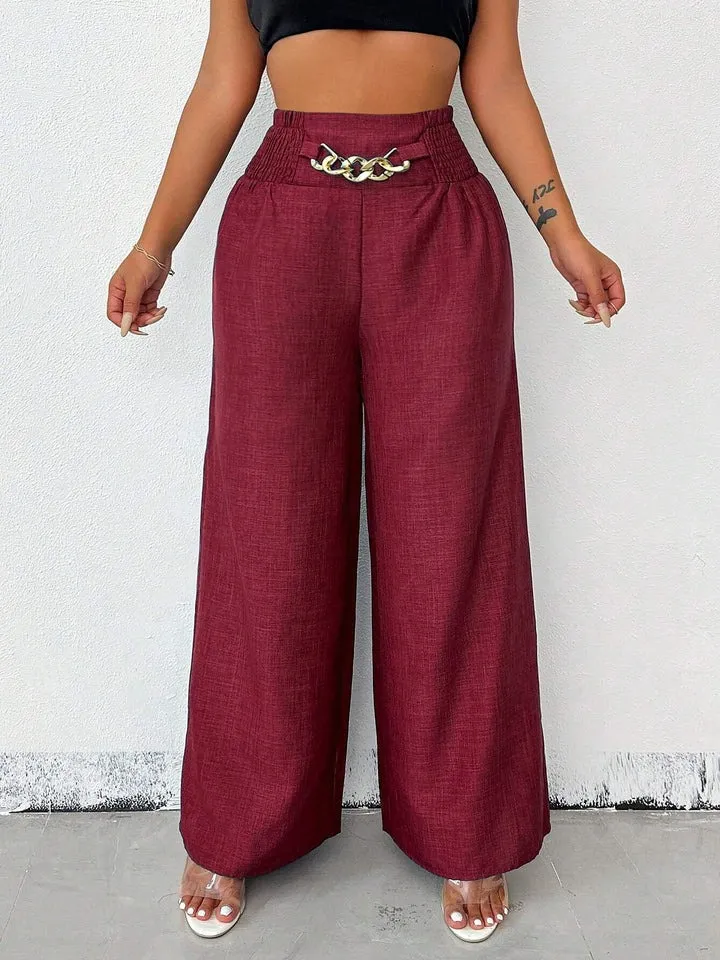 Women's Solid Color High-Waisted Pants, Stretchable Loose-Fitting Wide-Leg Trousers