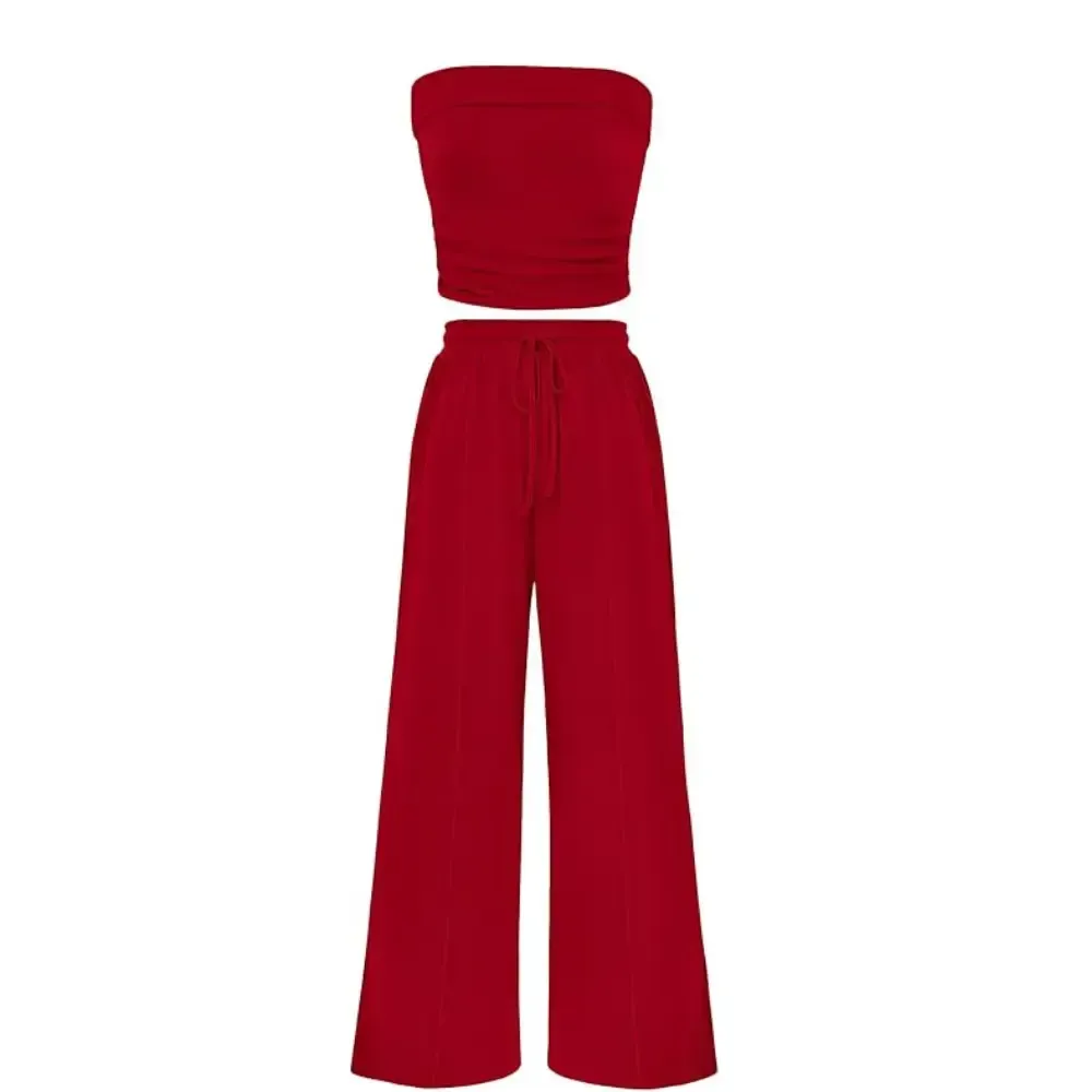 Womens Summer Outfits 2 Piece Sets Casual Ribbed Knit Crop Tube Top Wide Leg Pants