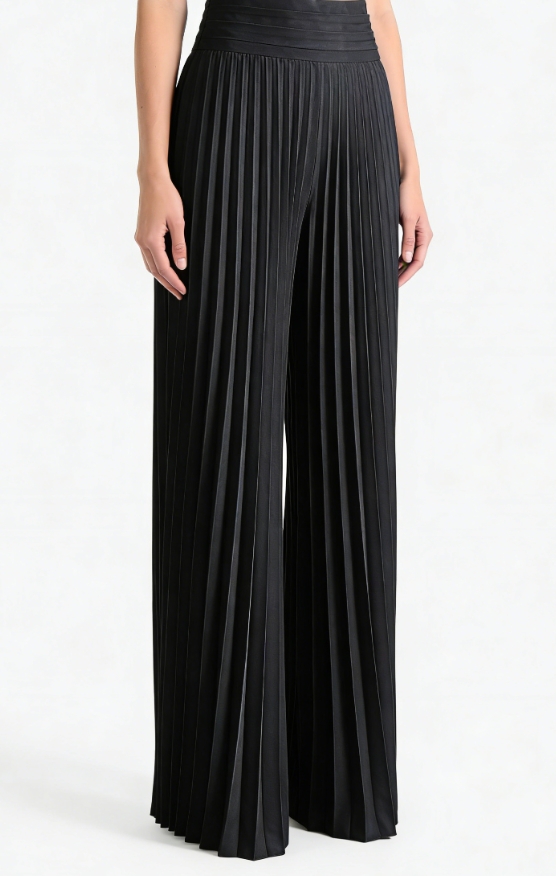 Elegant Stone Black Pleated High-Waist Palazzo Trousers
