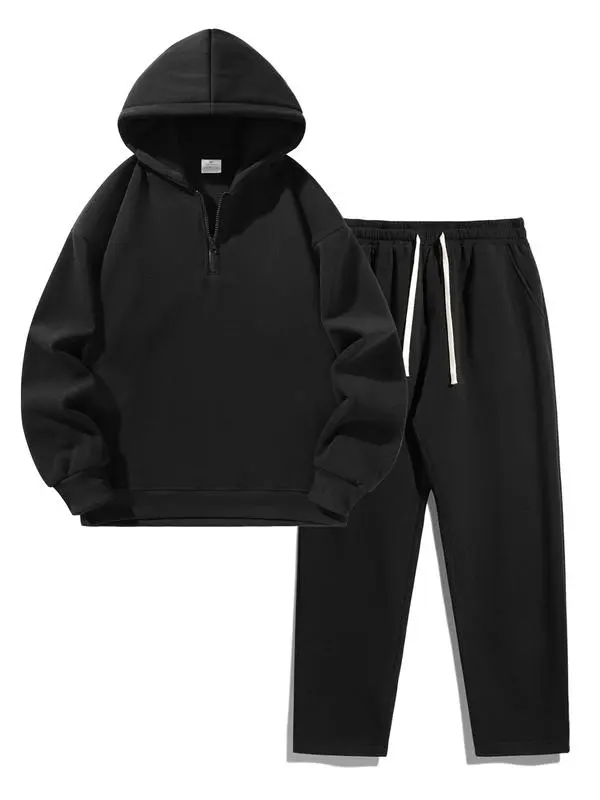 🔥Last Day Promotion 89% OFF🔥Men'S Plain Drop Shoulder Sweatsuit Set, Casual Half Zip Hoodie & Drawstring Sweatpants With Pocket