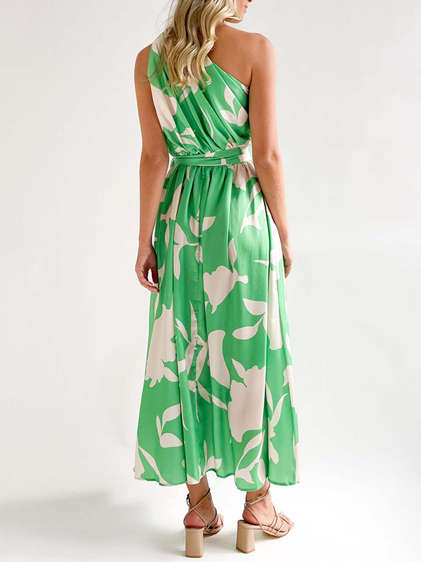 Bandage Contrast Color Hollow Printed Loose Sleeveless One-Shoulder Midi Dresses