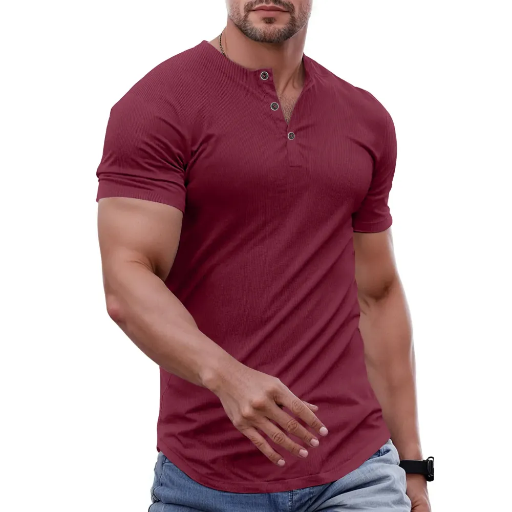 Men's solid color slim-fit Henley neck T-shirt