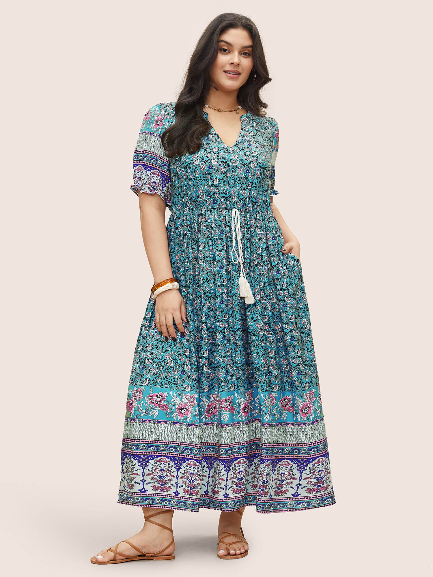 Boho Print Notched Ties Tassel Trim Dress