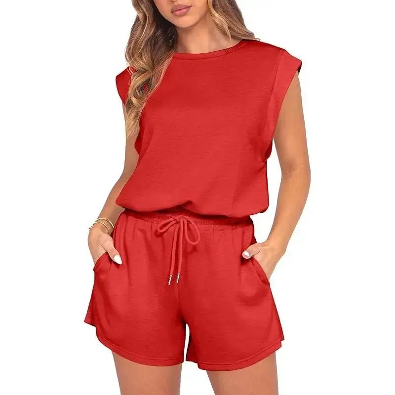 Women 2026 Summer Cap Sleeve Adjustable Drawstring Waistband Cozy Lounge Short Jumpsuit With Pocket