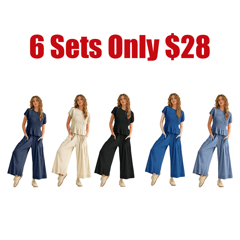 Women's 2-Piece Smocked Top & Wide-Leg Pants Set High-Waisted Lounge Outfit with Pockets Casual Boho Matching Set Minimalist Basic Kleinblue Crewneck Clothes Suits Fitted Trouser