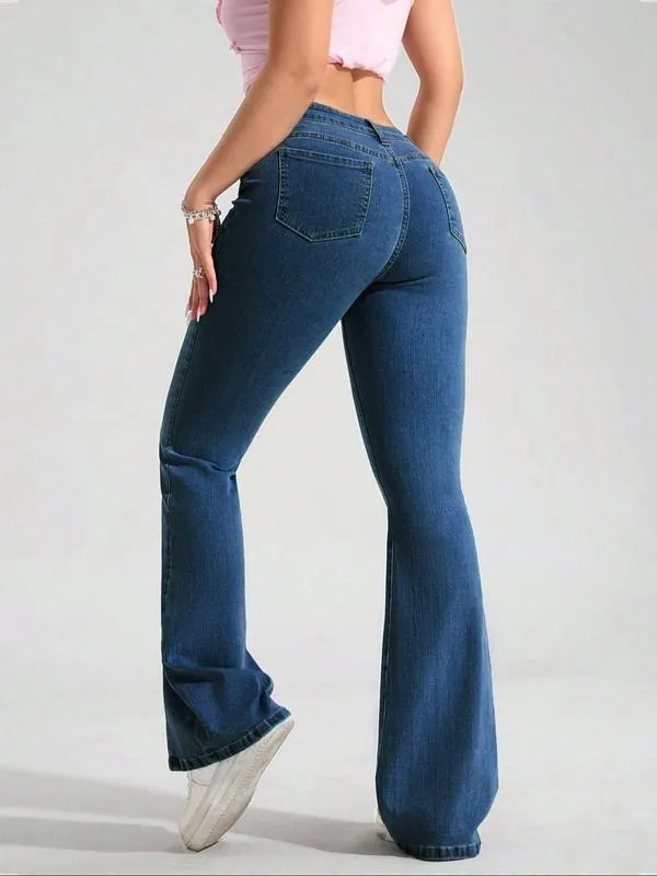 Women's Blue Washed Denim Flare Pants, Fashionable Comfortable Versatile Elastic Jeans