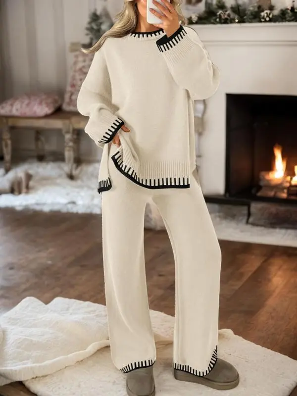 Women's Round Neck Colorblock Sweater Top and Long Sweatpants Set