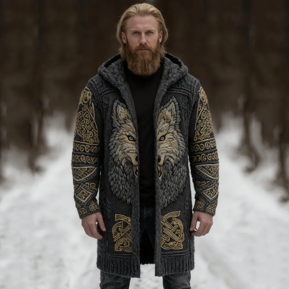 Men's Viking Style Celtic Knot Wolf Head Pocket Midi Cardigan