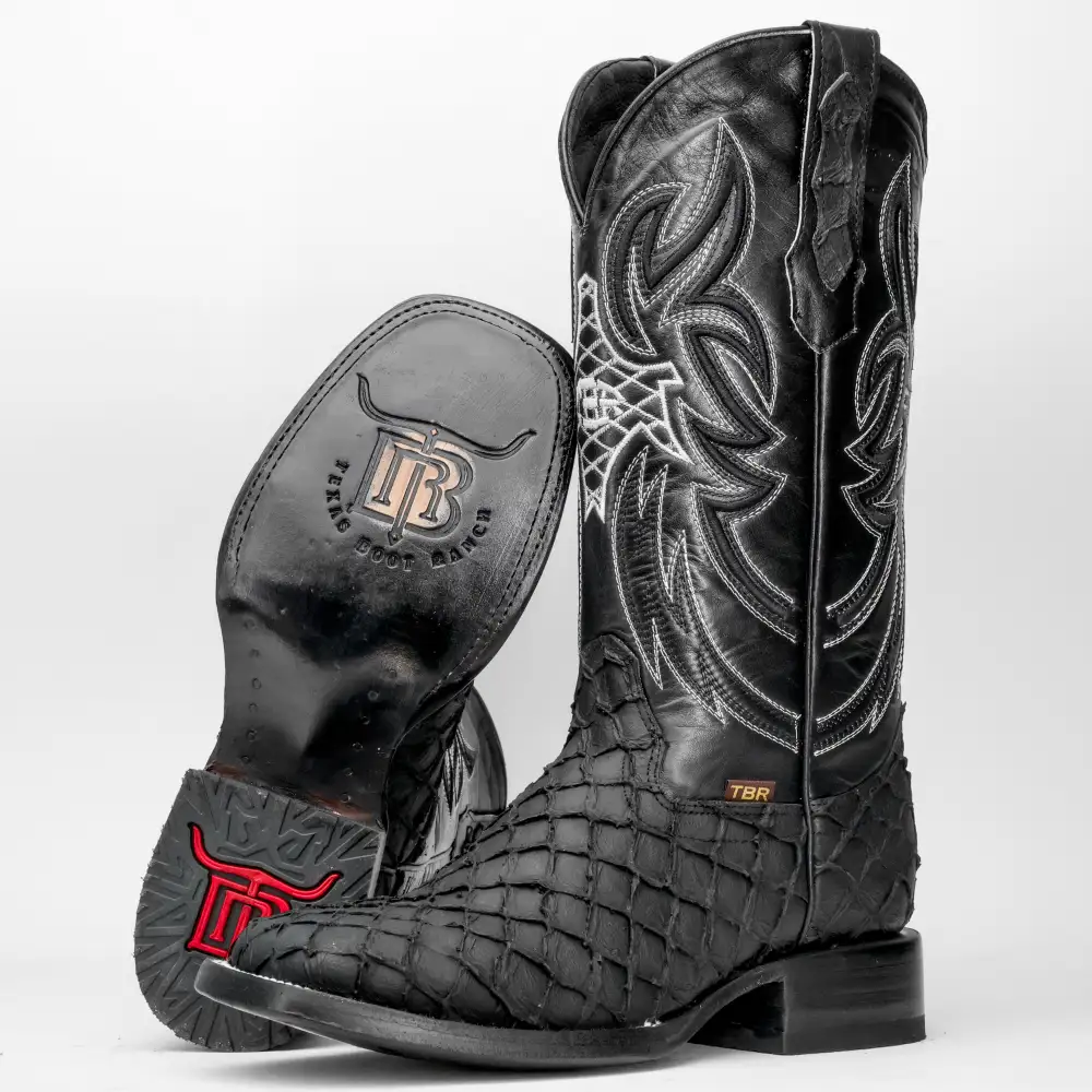 Matte Black Mini Pirarucu Leather Boots - Square Toe