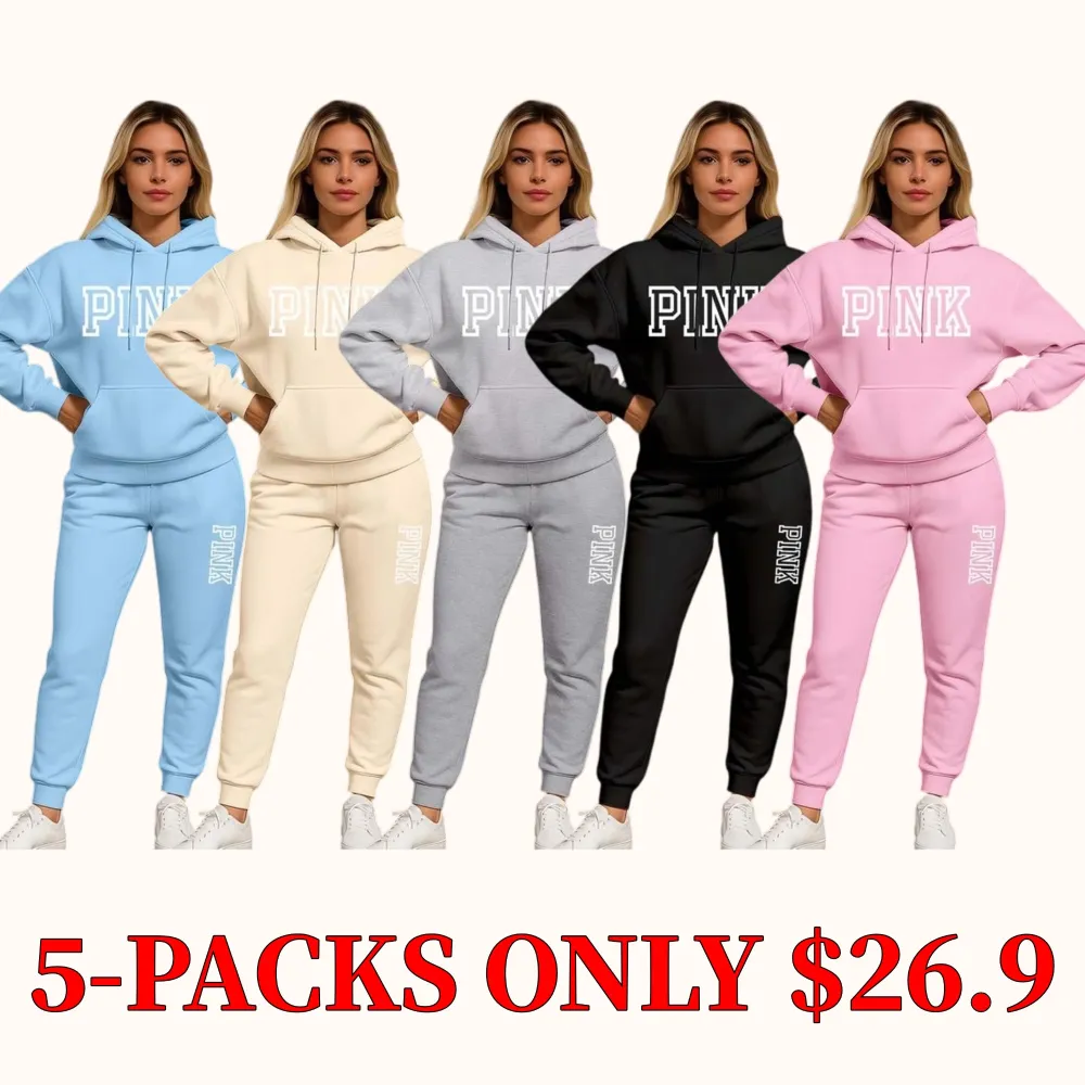 Women's pink printed hooded sweatshirt and drawstring sweatpants set