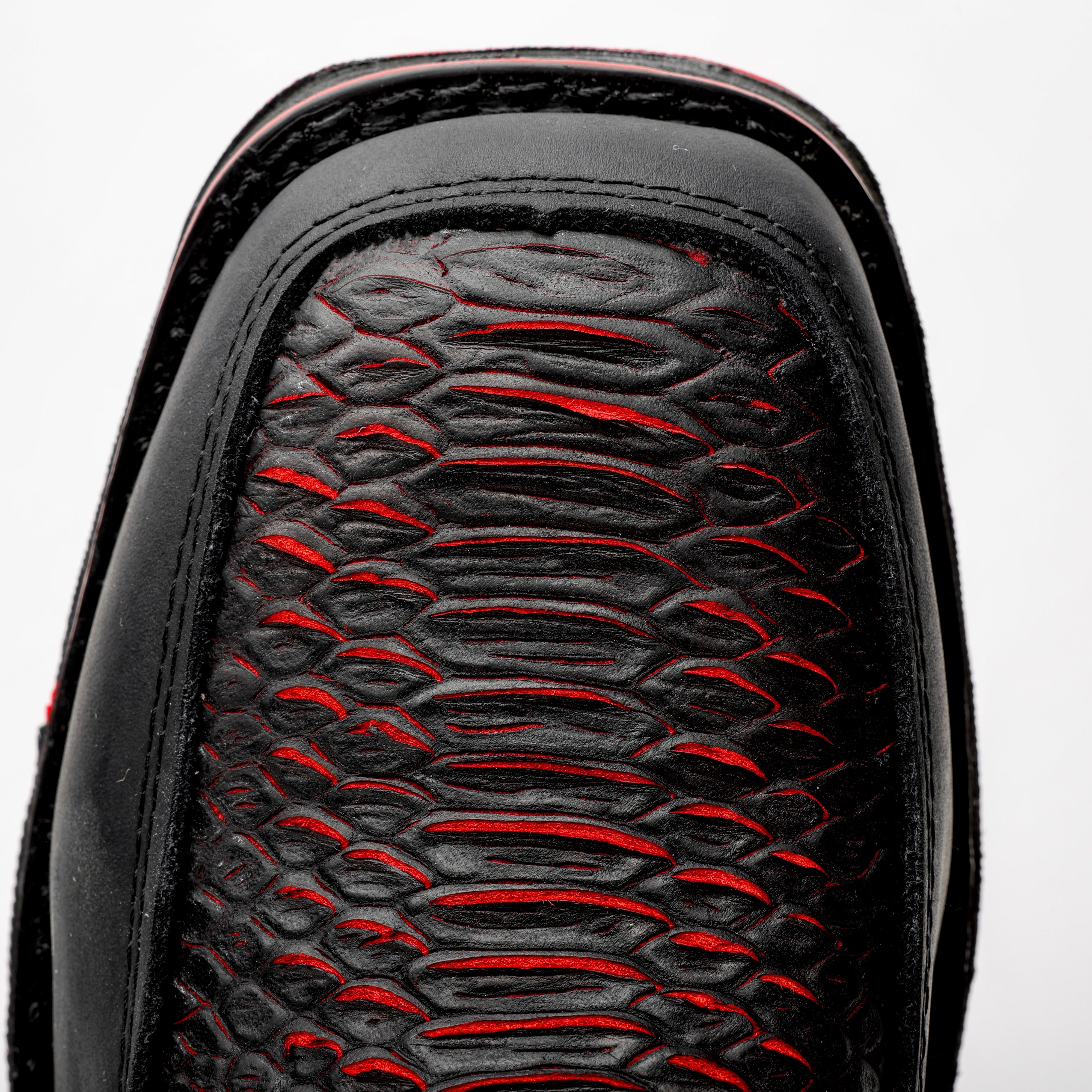 Black/Red Python Leather Botin With 3D Lightweight Soles - Square Toe