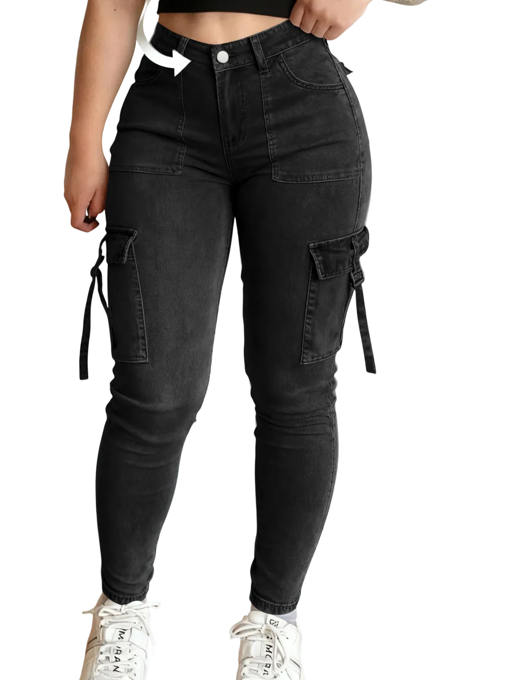 Women's solid color multi-pocket denim cargo pants