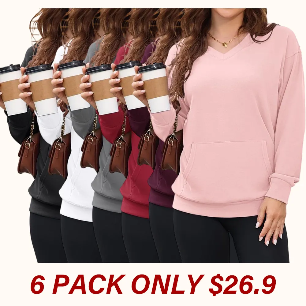 Women's hoodless V-neck fleece long-sleeved shirt with kangaroo pocket