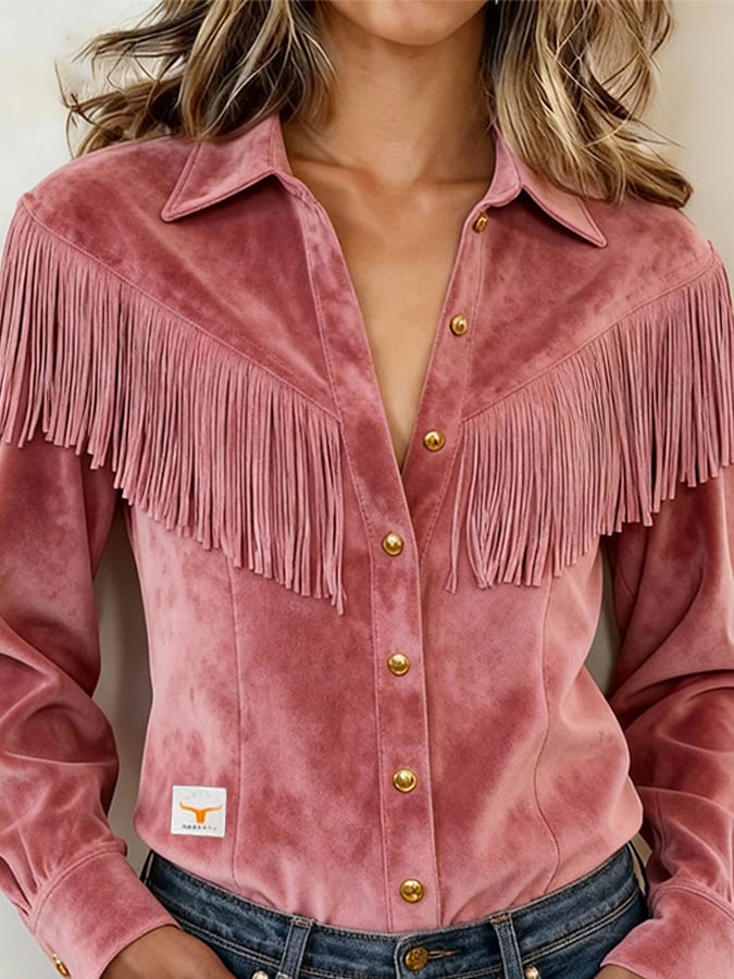 Women's Retro Collared Long-Sleeved Tassel Shirt
