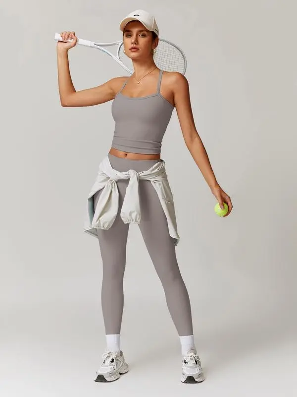 Women's Solid Cut Out Backless Cami Top & High Waist Leggings Tracksuit Set