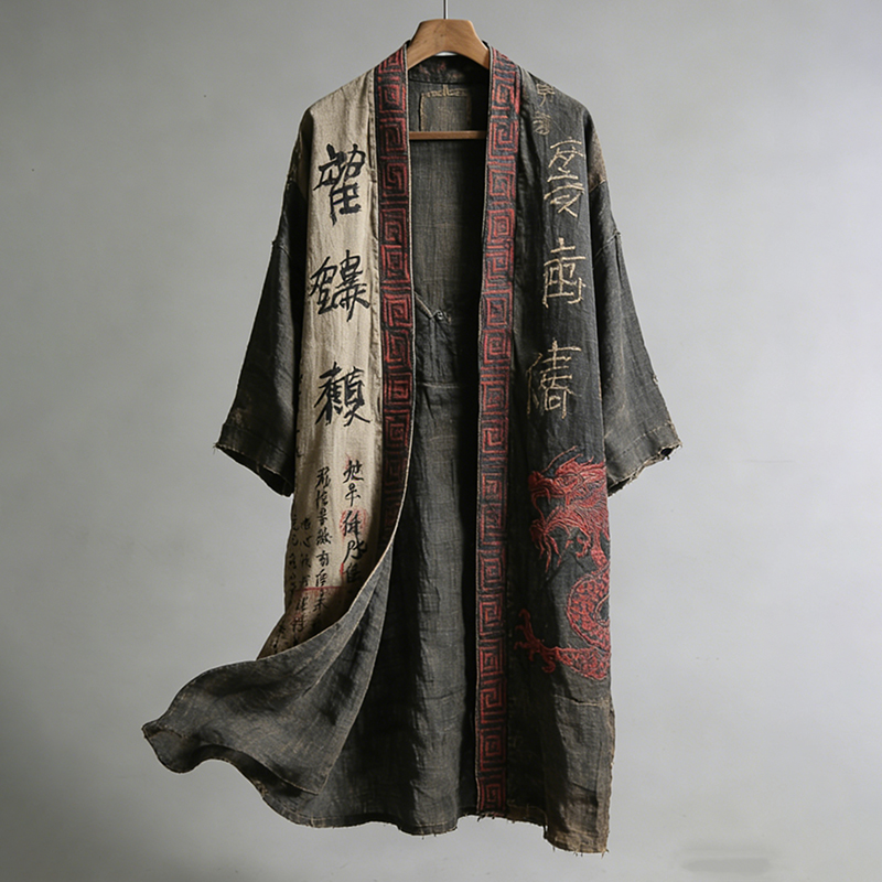 Men's Japanese Dragon Pattern Calligraphy And Painting Art Linen Long Kimono
