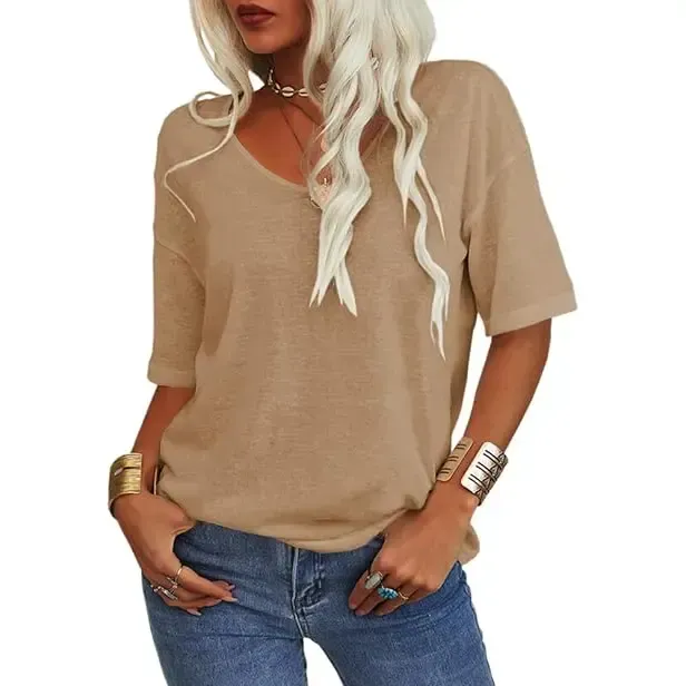 Women Soft V Neck Tshirt Half Sleeve Lightweight Solid Color Loose Fit Minimalist Top