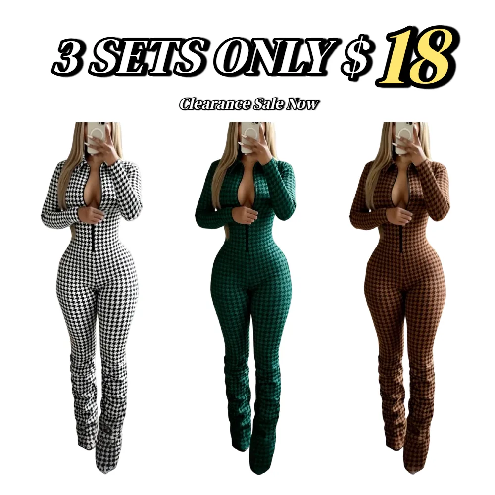 Women's timeless houndstooth jumpsuit with zipper closure