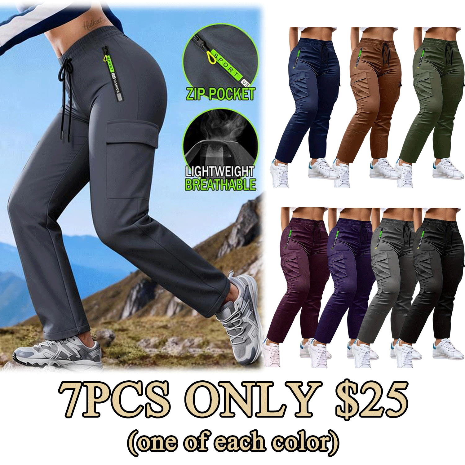 Women’s Lightweight Utility Cargo Pants – Zip Pocket Outdoor Trousers