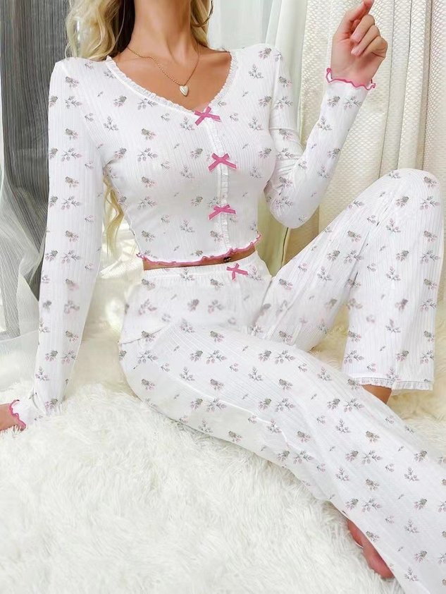 V Neck Regular Fit Casual Floral Lounge Set