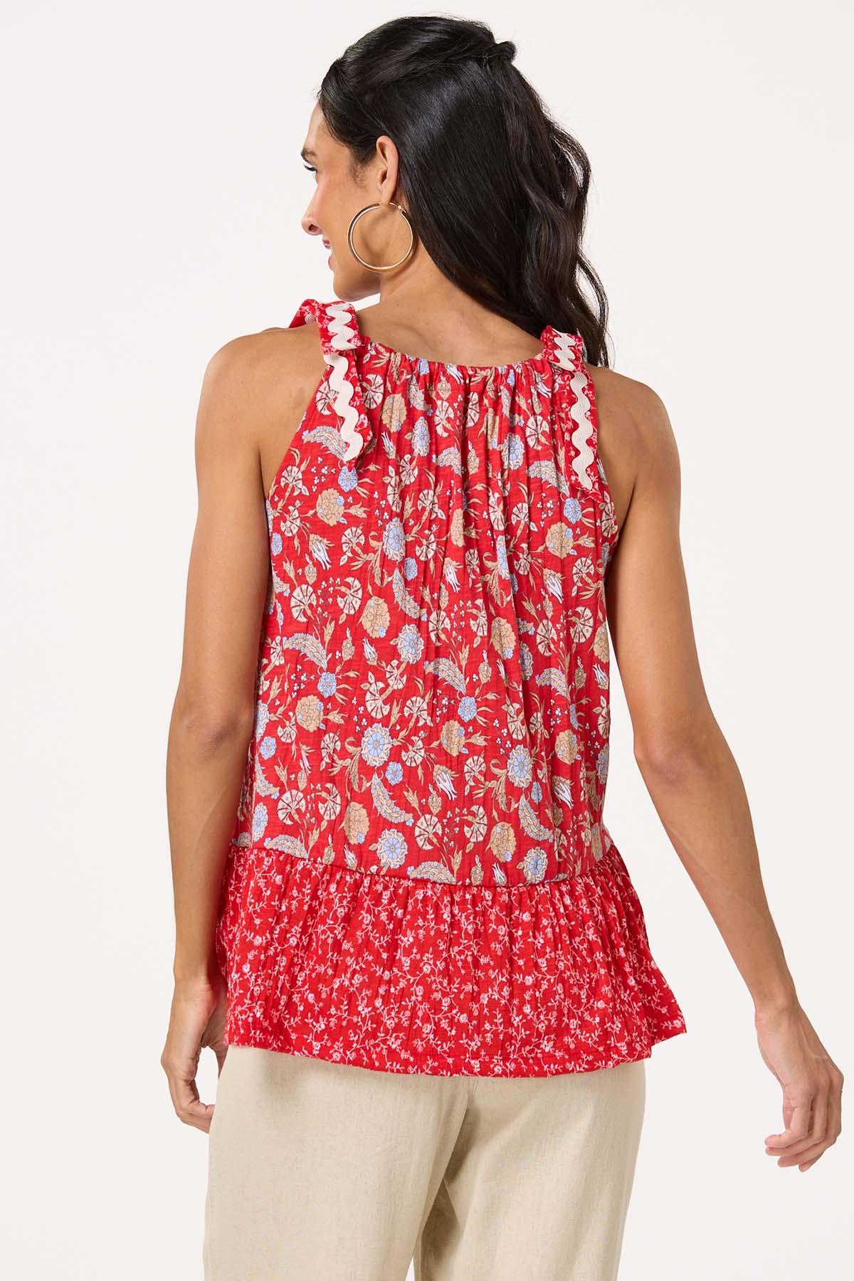 Floral Ric Rac Tie Shoulder Tank