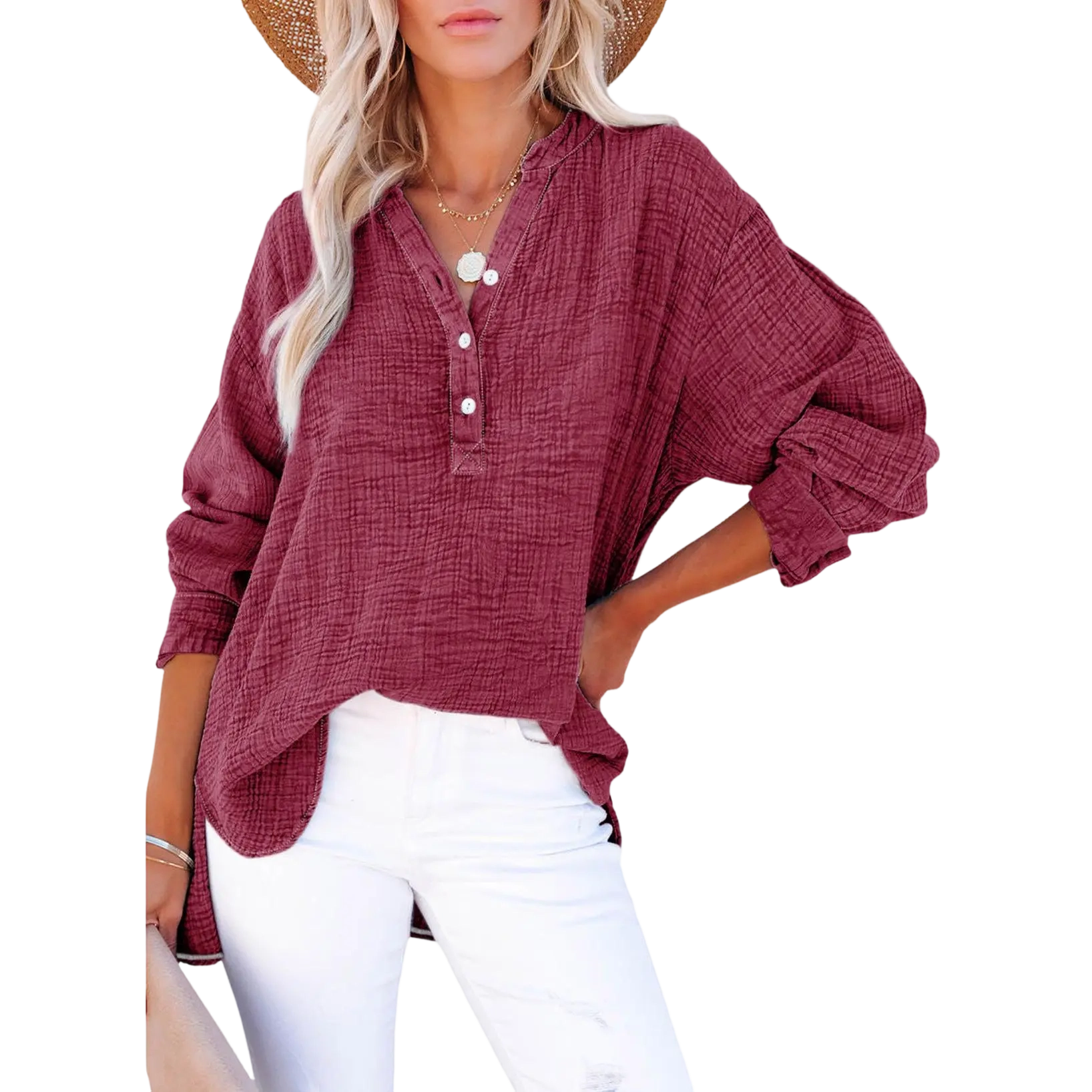 Women's Casual Button V Neck Long Sleeve Shirts Oversized Solid Blouses Tops 100% Cotton Boyfriend Style Loose Fit